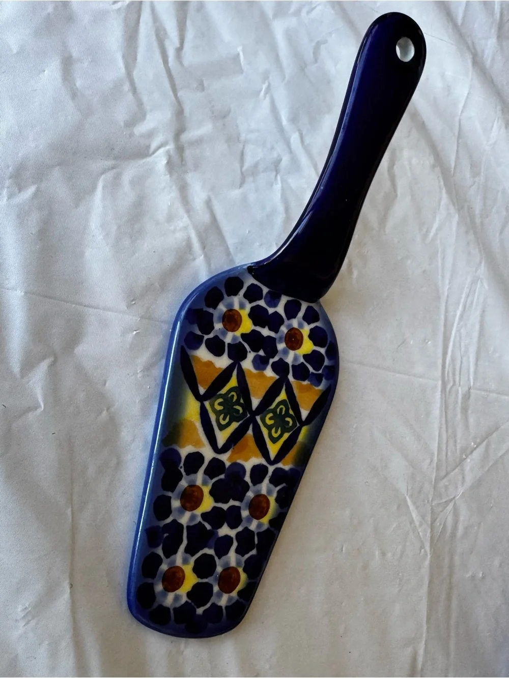 Polish Pottery Ceramic Pie Server Blue, Yellow & Green Floral Design